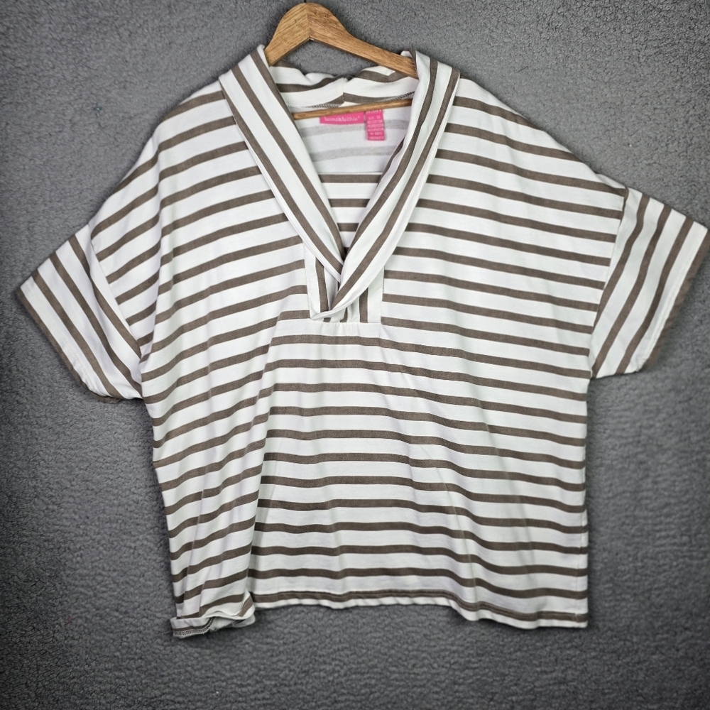 Woman Within White Tan Striped Sailor Collar Blouse Top